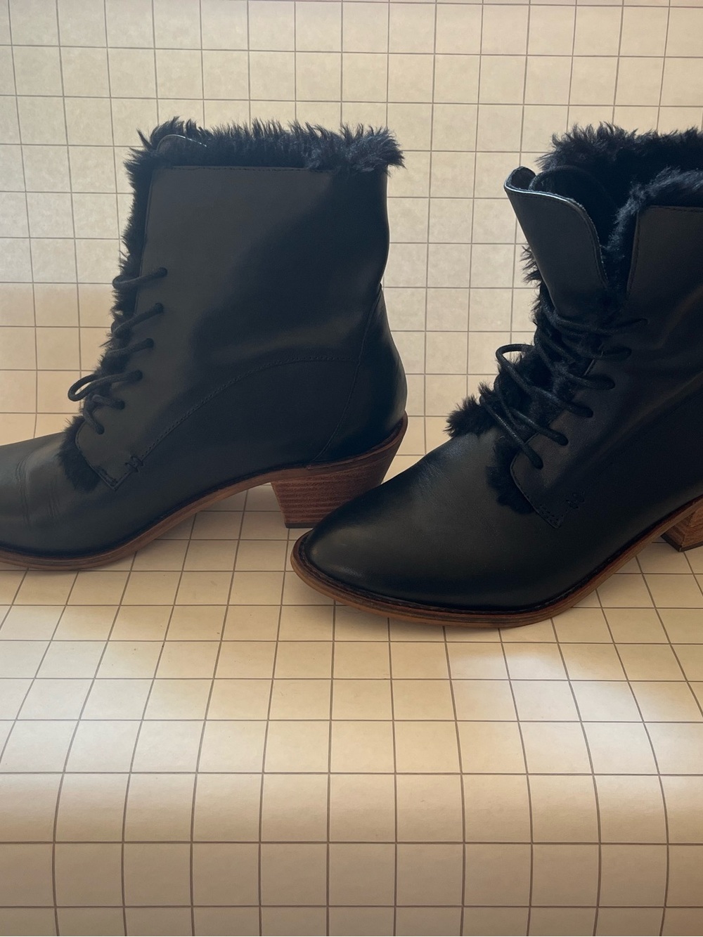 Kelsi Dagger Black Faux-Fur Lace-Up Ankle Boots